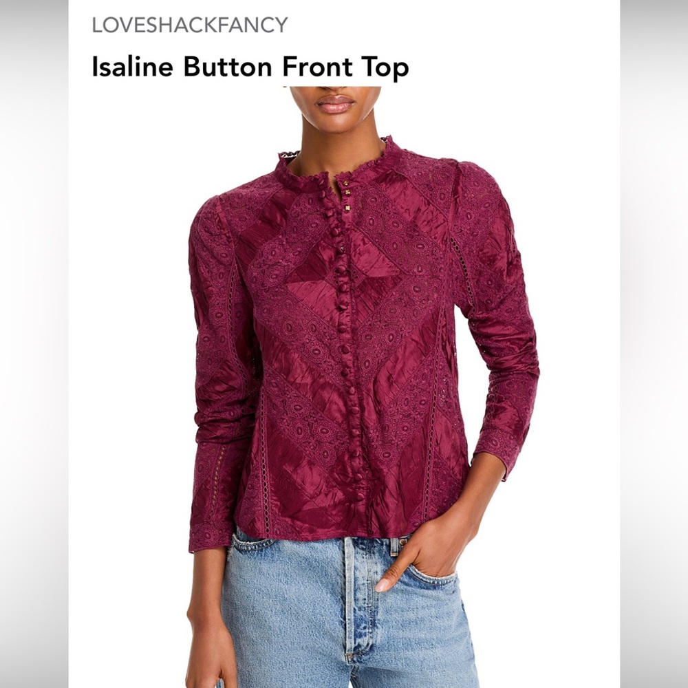 LOVE SHACK FANCY Isaline Button Front Top Size Large in oxblood wine color